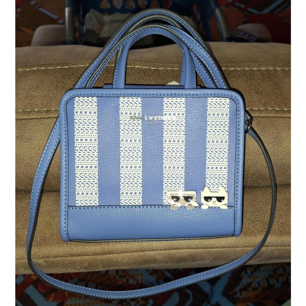 New Limited Karl Lagerfeld Blue White Satchel Handbag Crossbody Purse Tote - Picture 7 of 8